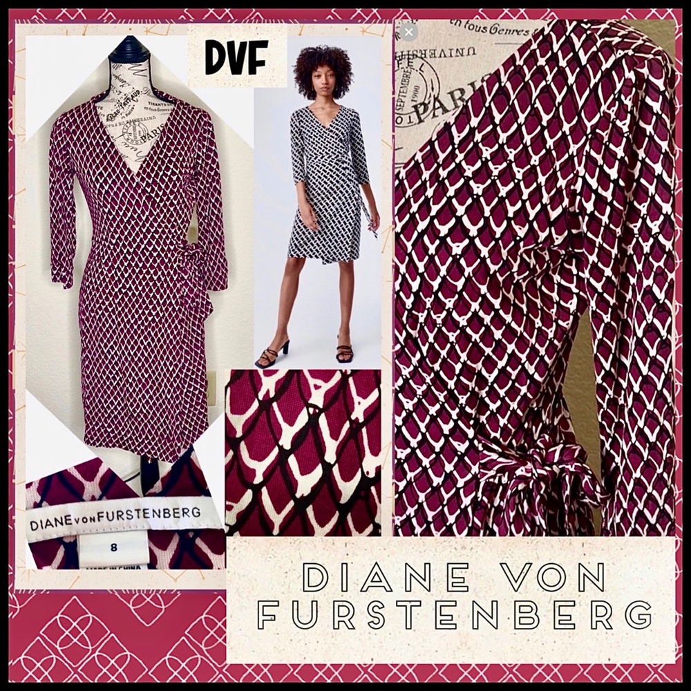 Diane Von Furstenberg Burgundy and White Wrap Dress
